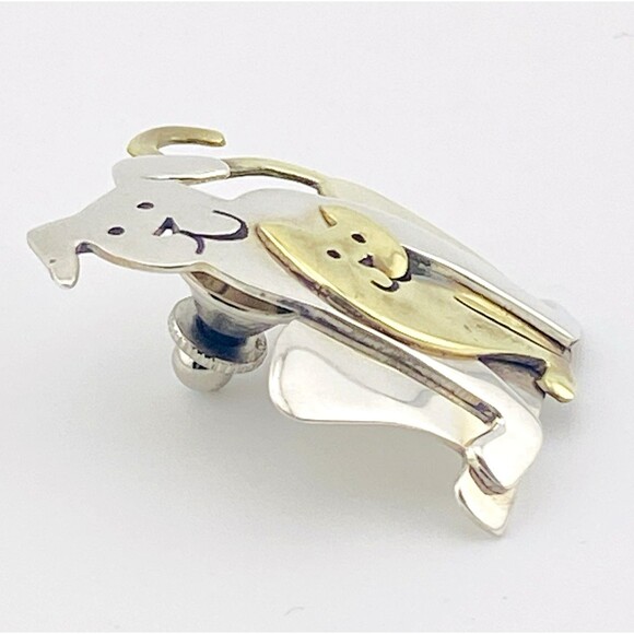 Far Fetched Adorable Dog and Cat Mixed Metals Brooch Pin Signed Sterling Silver - Picture 3 of 7
